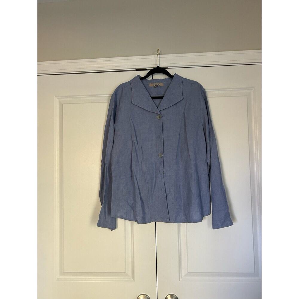 FLAX L Blue Lavender Button Up Long Sleeve Linen Shirt Jacket Collar Lagenlook